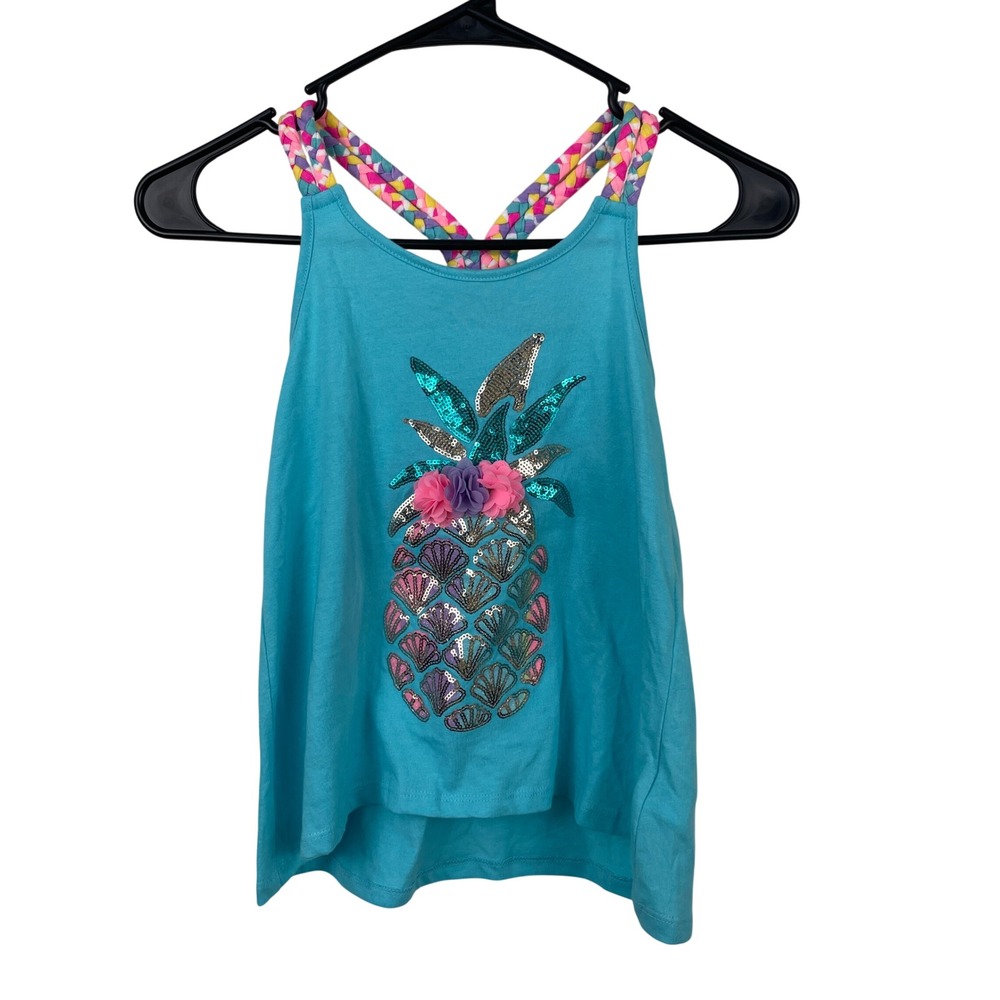 Tommy Bahama Girls Turquoise Pineapple Sequin Braided Racerback Tank Size M 7/8